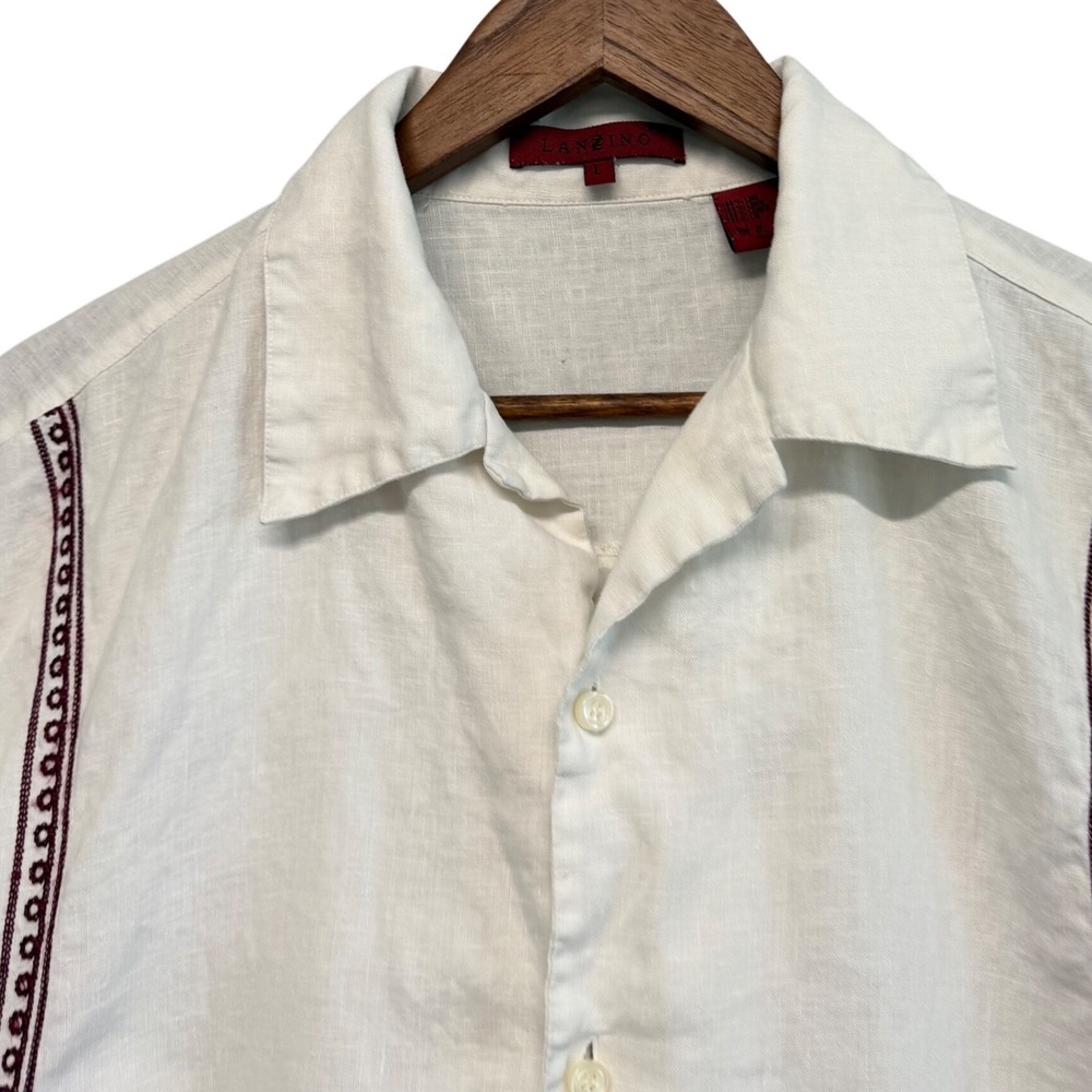 Mens Size L Button Up Shirt White 100% Linen Short Sleeve Embroidered Minimalist